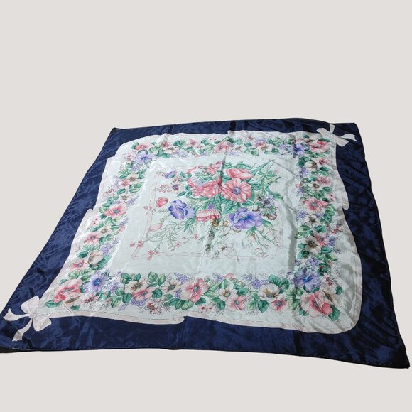 Flowers Floral Print Satin Square Scarf 30 by 30 Navy Border Bow Design - Picture 3 of 12